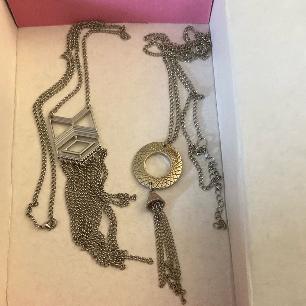 Set of 2 Silver Toned Long Tassel and Fringe Necklaces